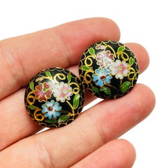 Vintage gold enamel cloisonné flower designer clip on earrings