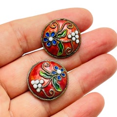 Vintage gold enamel cloisonné flower designer clip on earrings