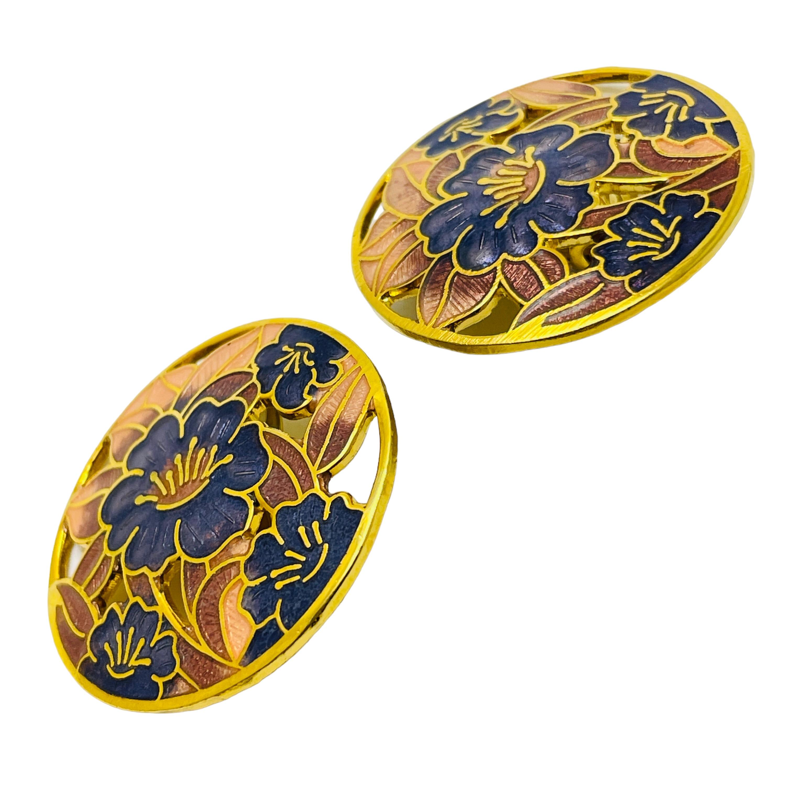 Women's or Men's Vintage gold enamel cloisonné flower designer clip on earrings For Sale