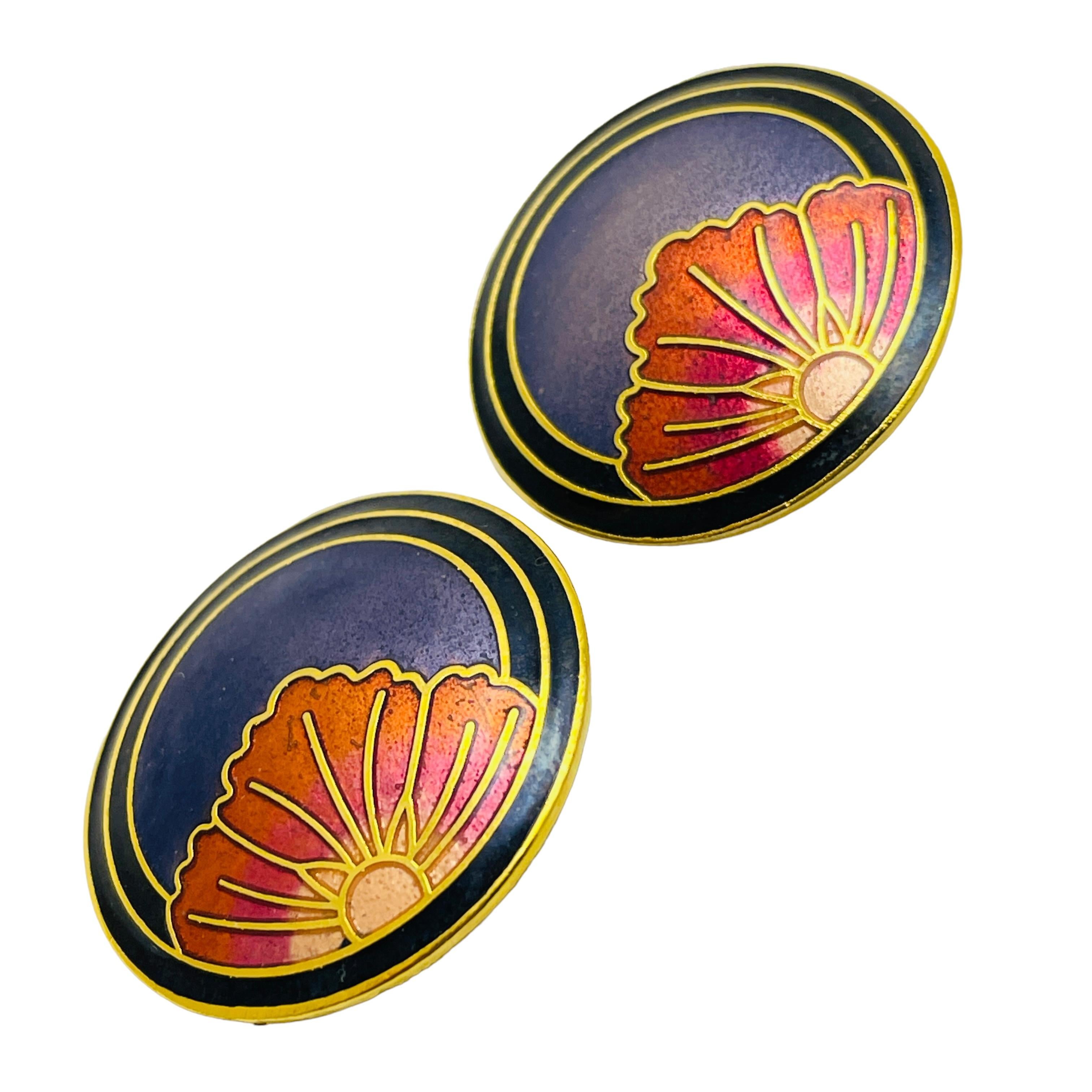 Women's or Men's Vintage gold enamel cloisonné flower designer clip on earrings For Sale