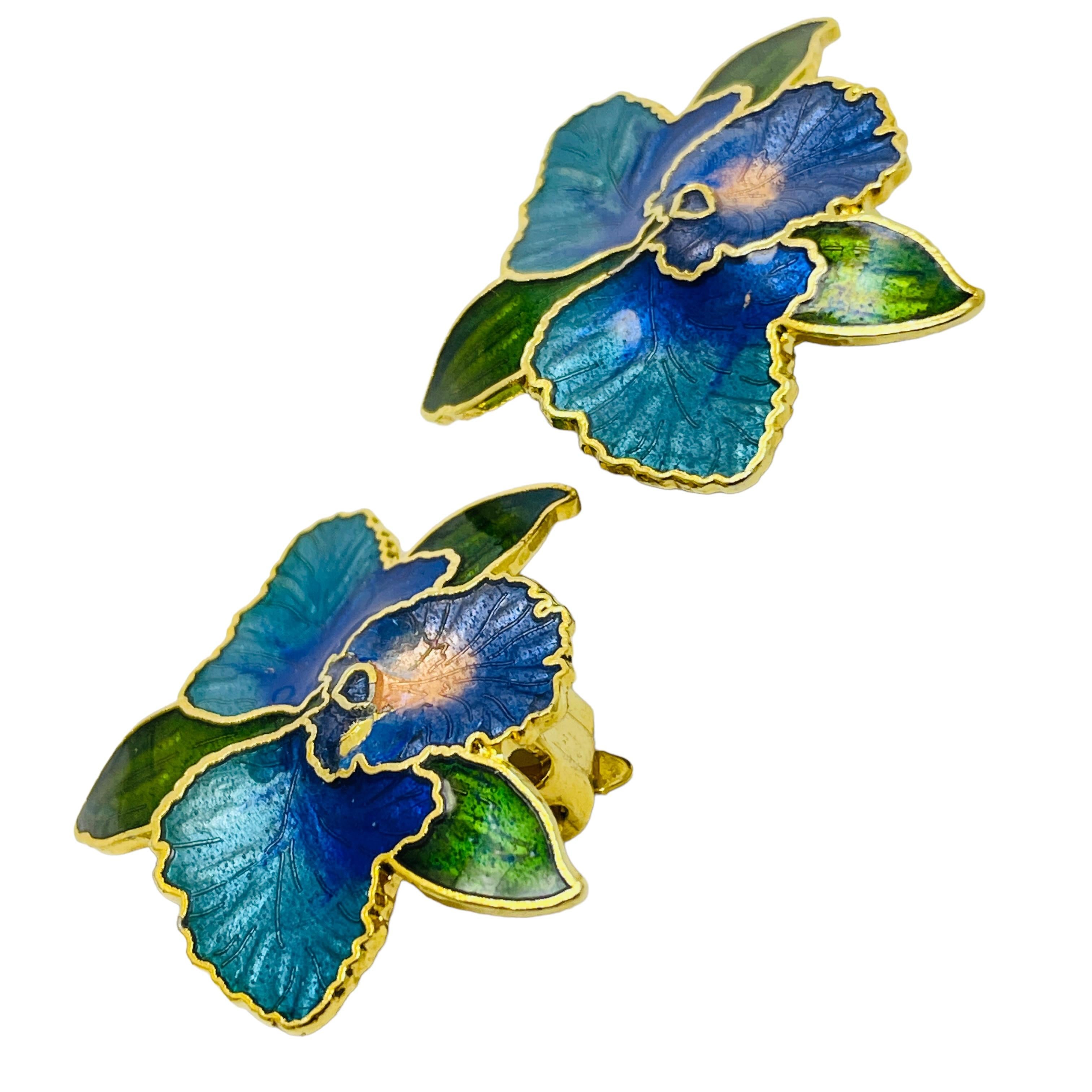 Women's or Men's Vintage gold enamel cloisonné flower designer clip on earrings
