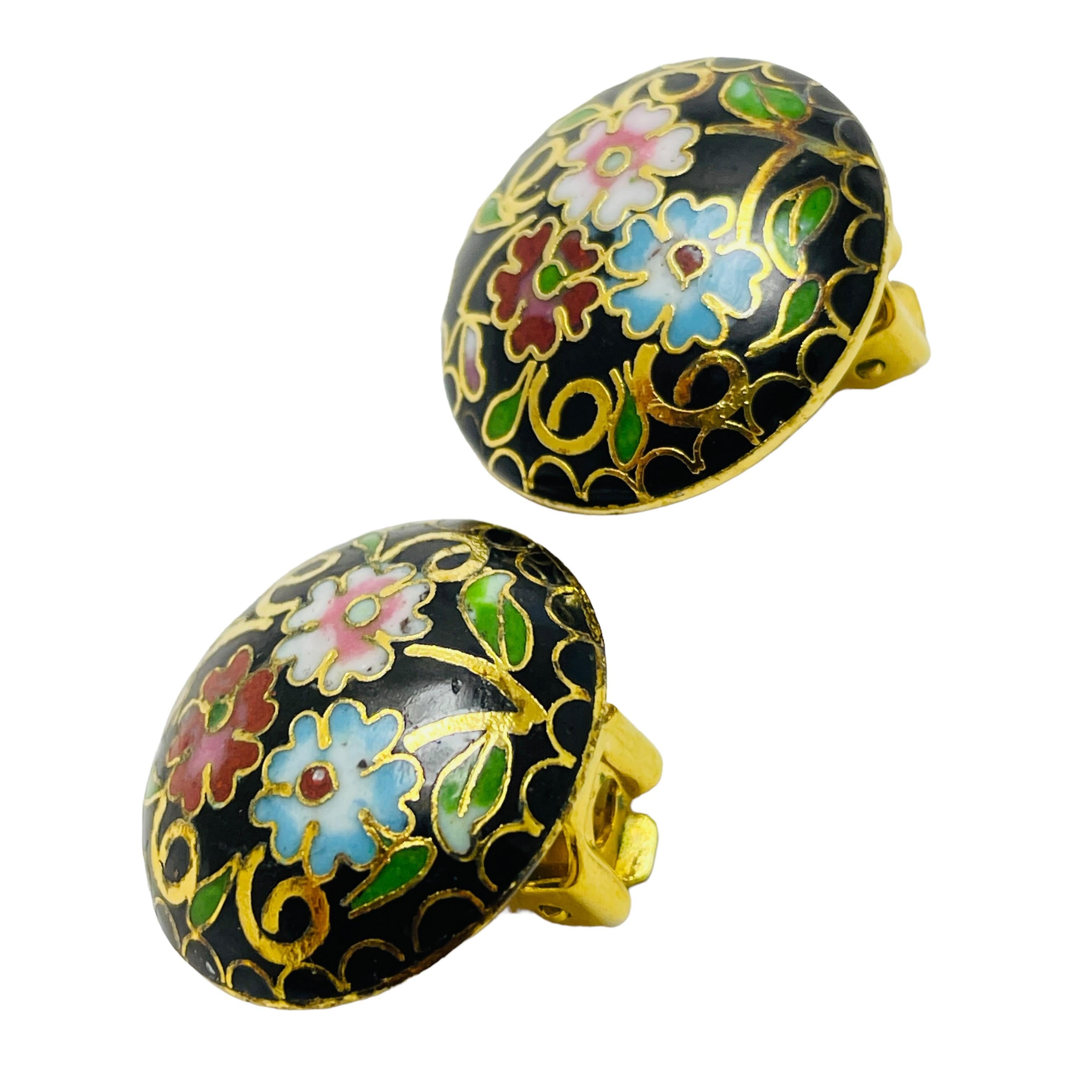 Women's or Men's Vintage gold enamel cloisonné flower designer clip on earrings For Sale