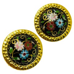 Vintage gold enamel cloisonné flower designer clip on earrings