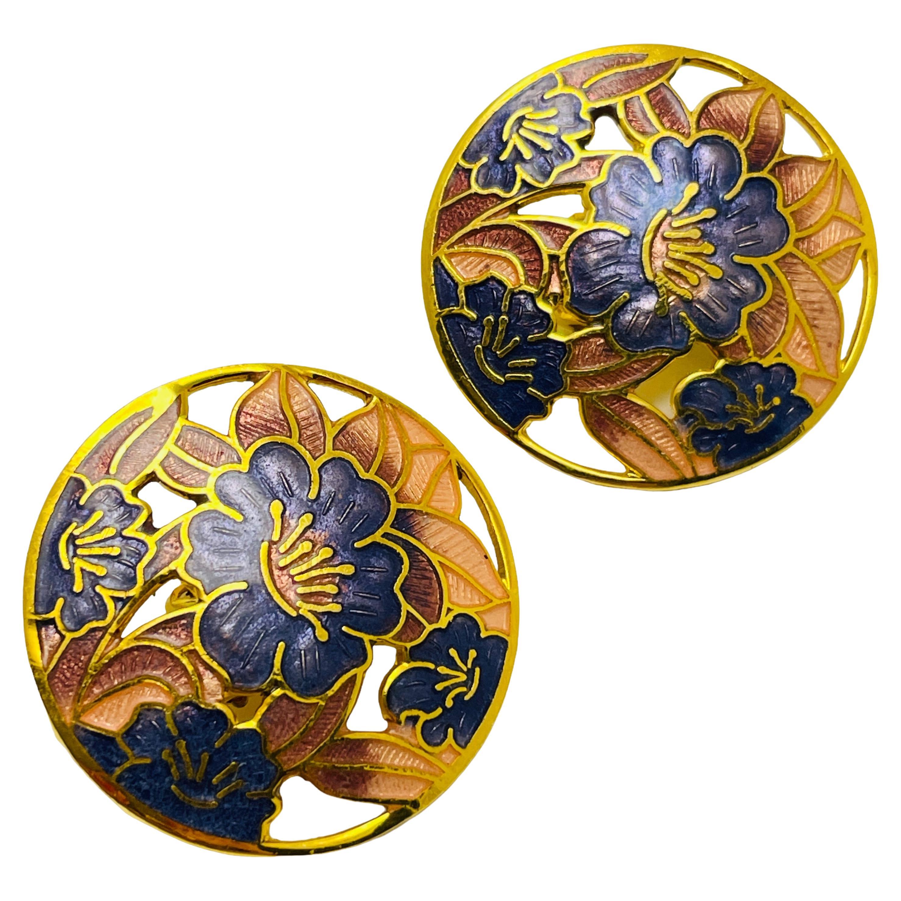 Vintage gold enamel cloisonné flower designer clip on earrings