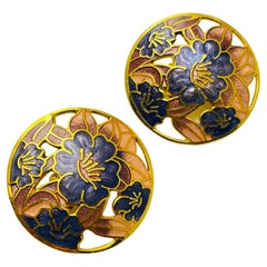 Vintage gold enamel cloisonné flower designer clip on earrings