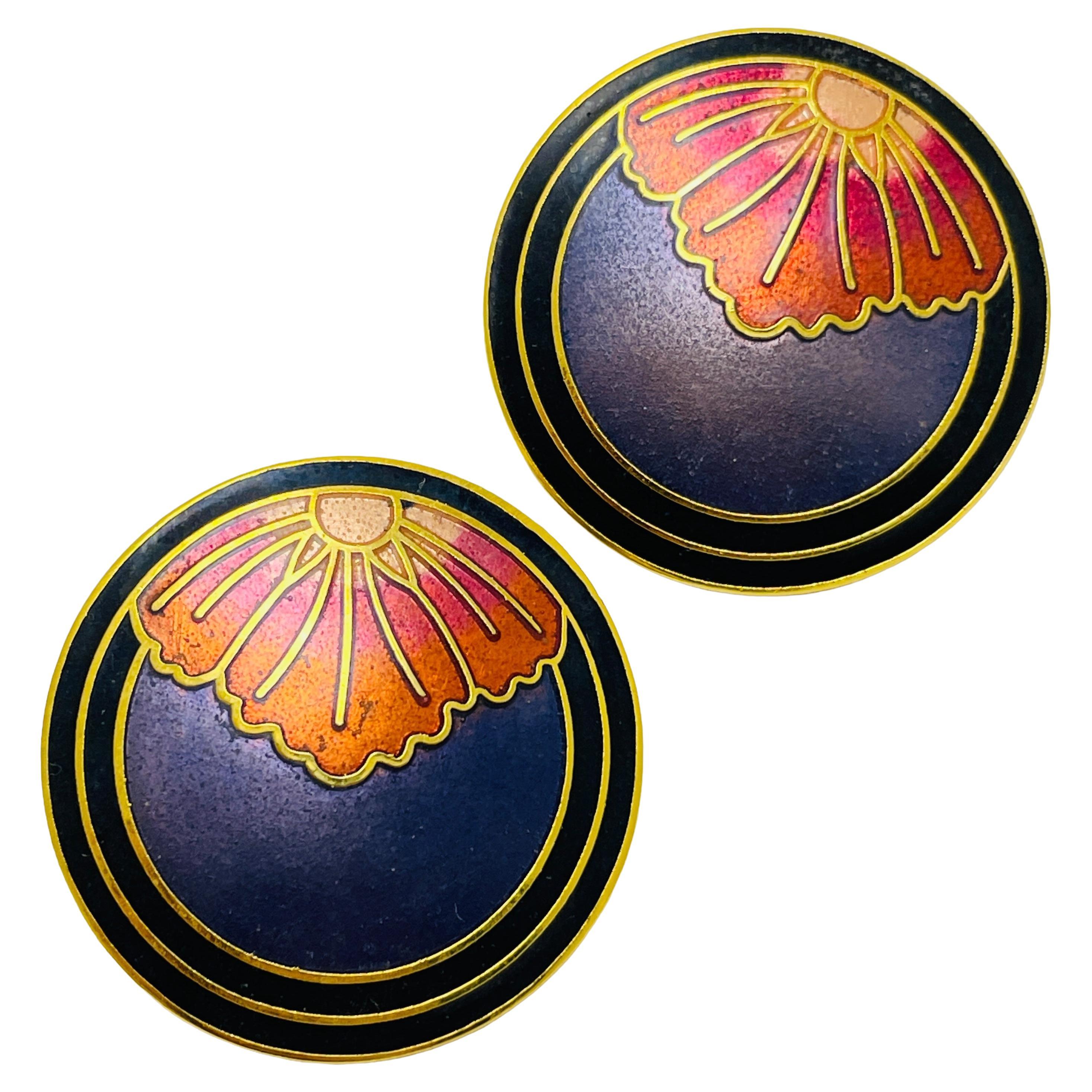 Vintage gold enamel cloisonné flower designer clip on earrings For Sale