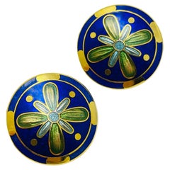 Vintage gold enamel cloisonné flower designer clip on earrings