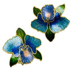 Vintage gold enamel cloisonné flower designer clip on earrings