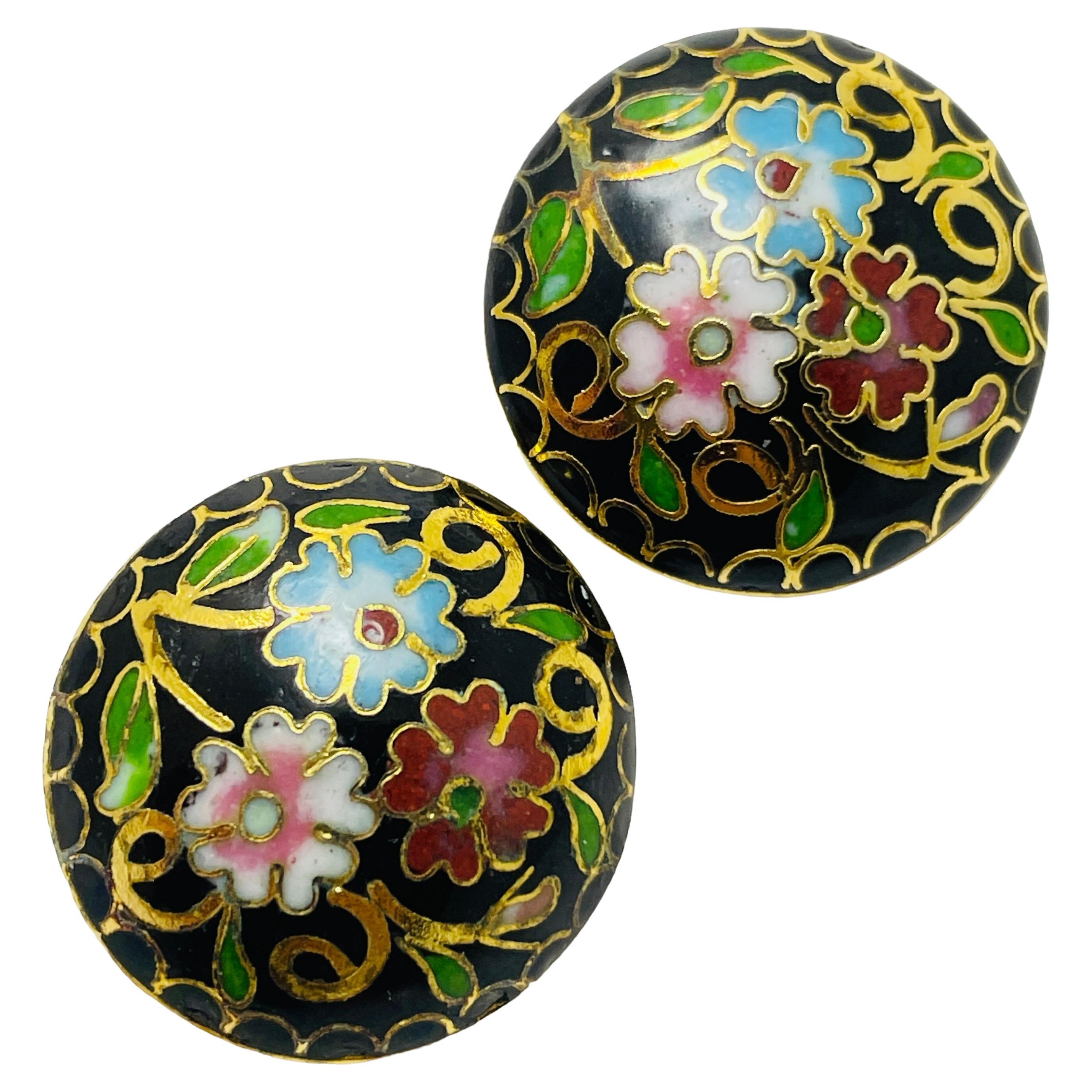 Vintage gold enamel cloisonné flower designer clip on earrings