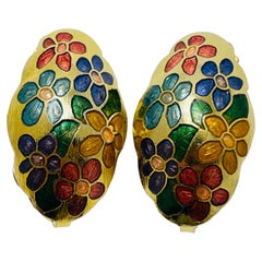 Vintage gold enamel cloisonné flower designer clip on earrings