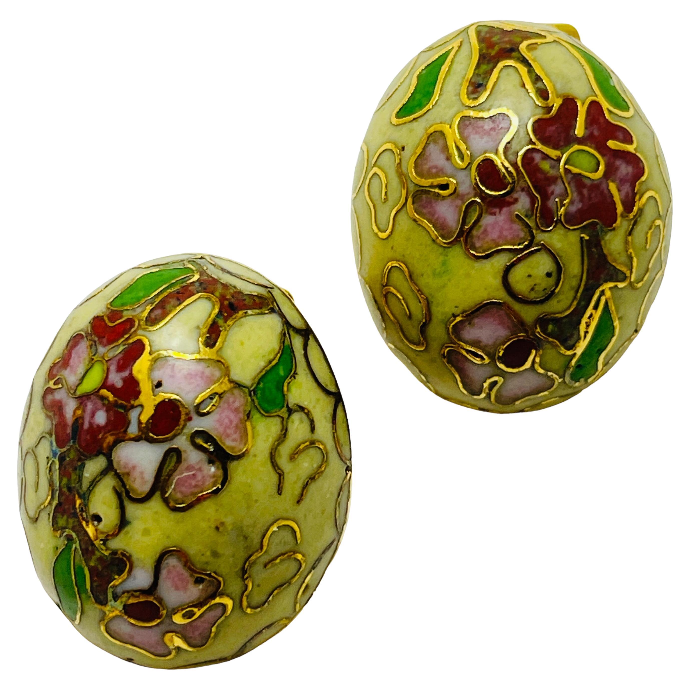 Vintage gold enamel cloisonné flower designer clip on earrings
