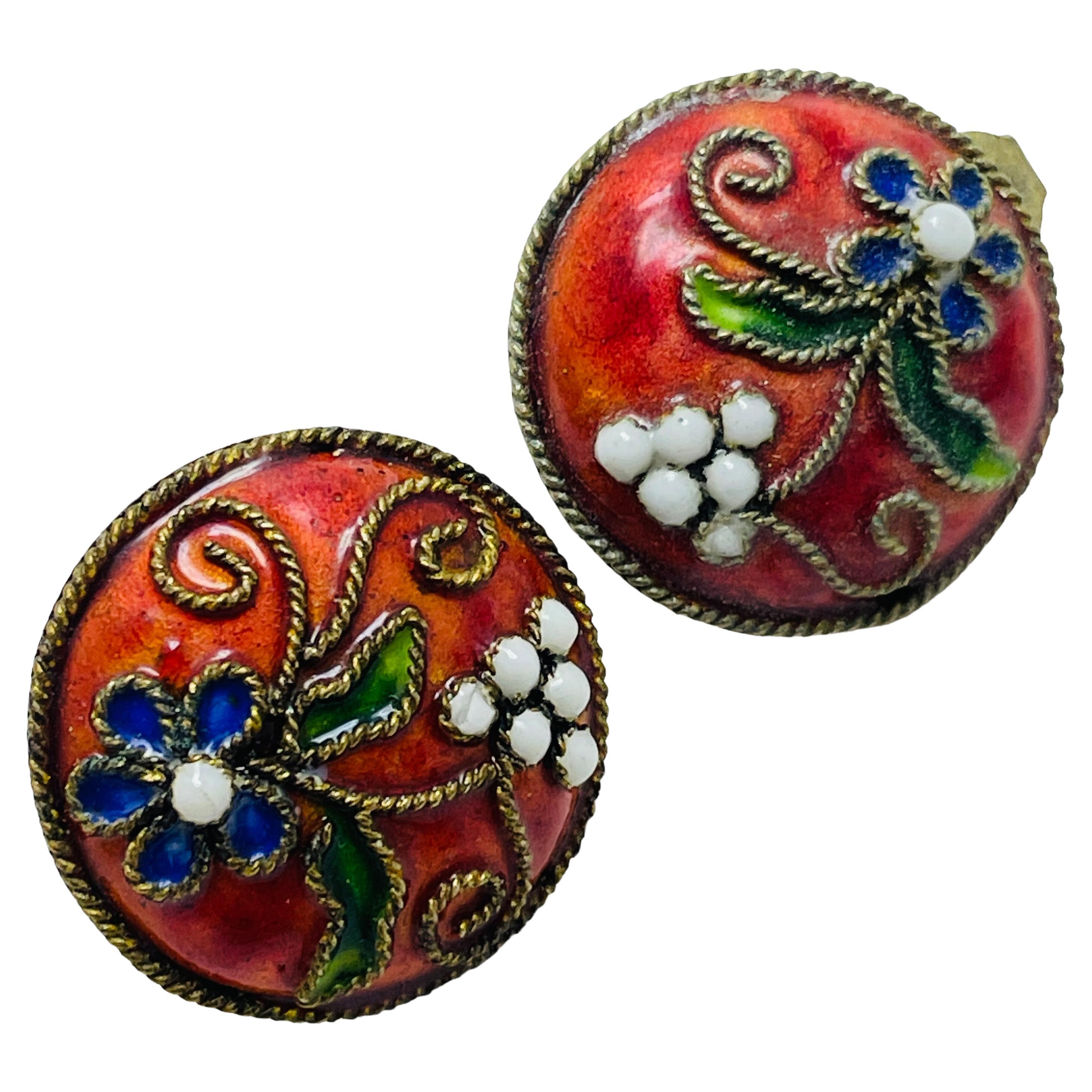 Vintage gold enamel cloisonné flower designer clip on earrings