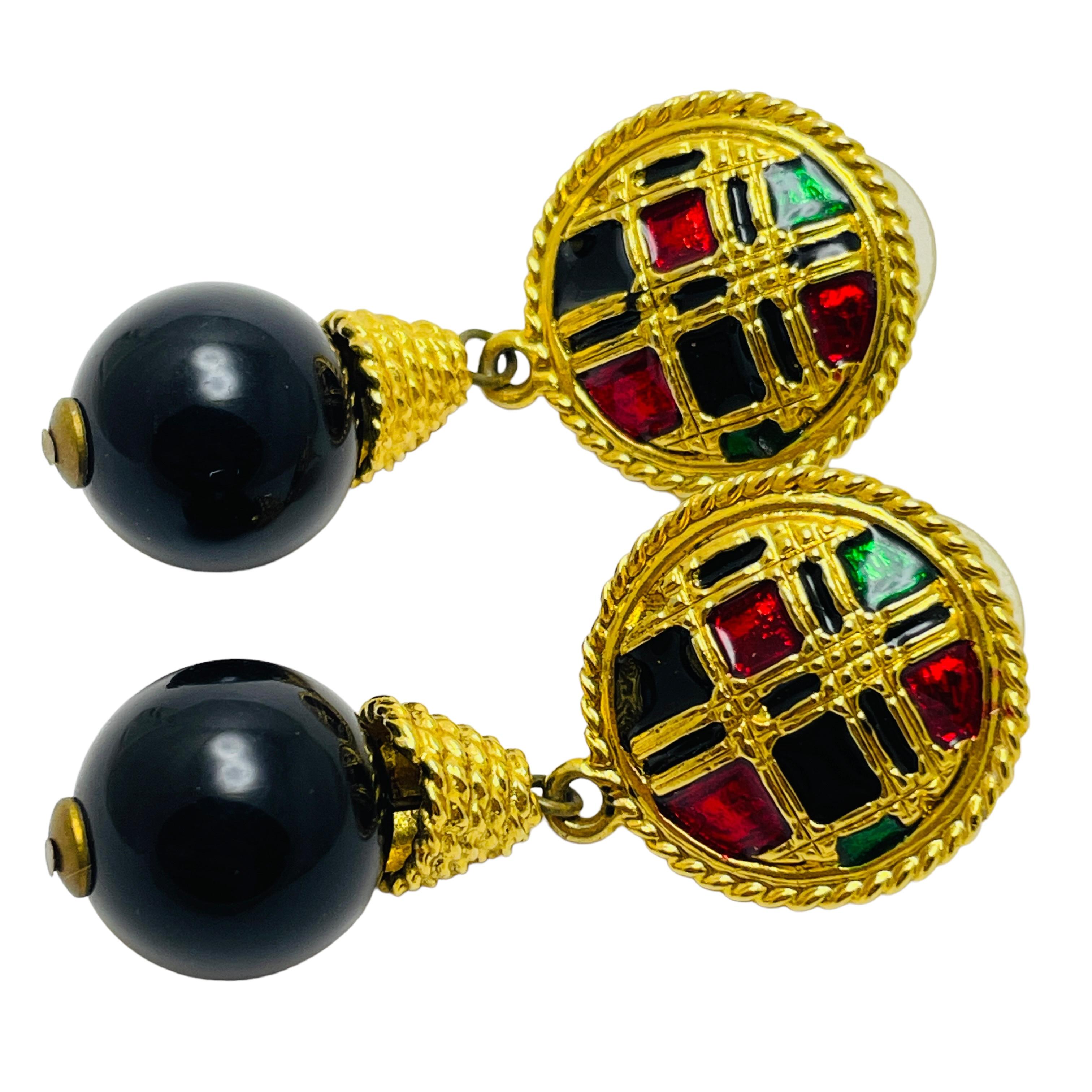 Women's or Men's Vintage gold enamel dangle ball pierced earrings For Sale