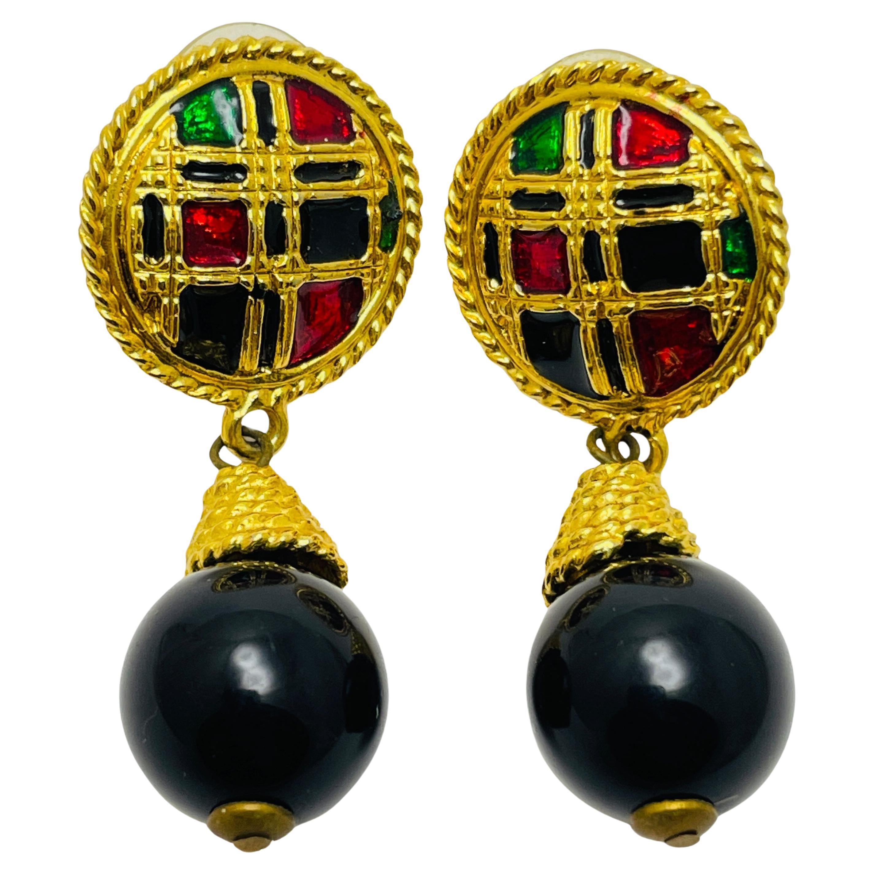 Vintage gold enamel dangle ball pierced earrings For Sale