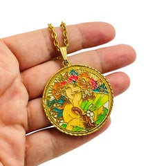Vintage gold enamel designer pendant chain necklace