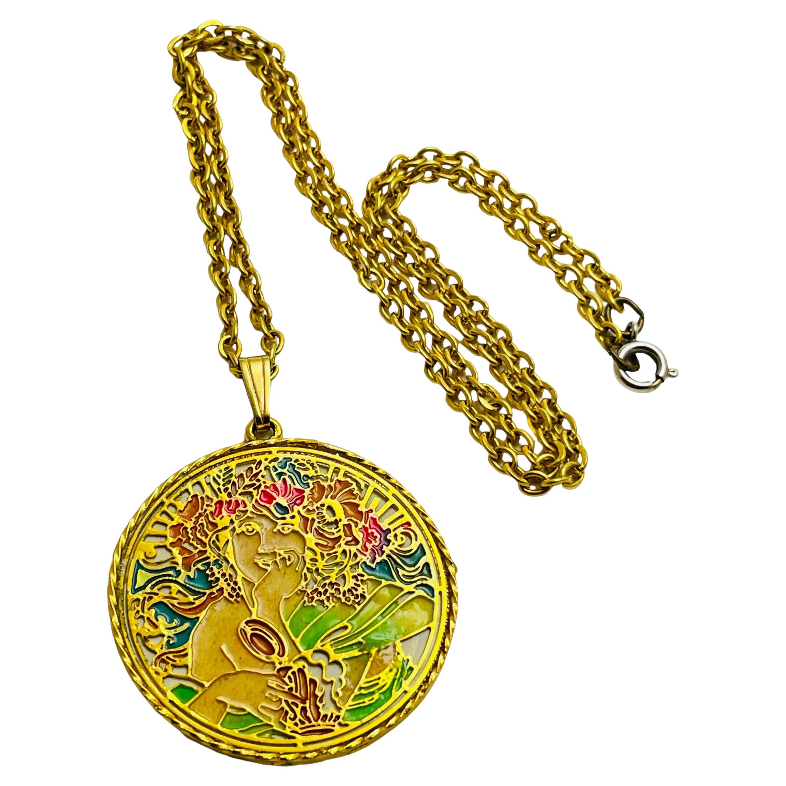 Vintage gold enamel designer pendant chain necklace