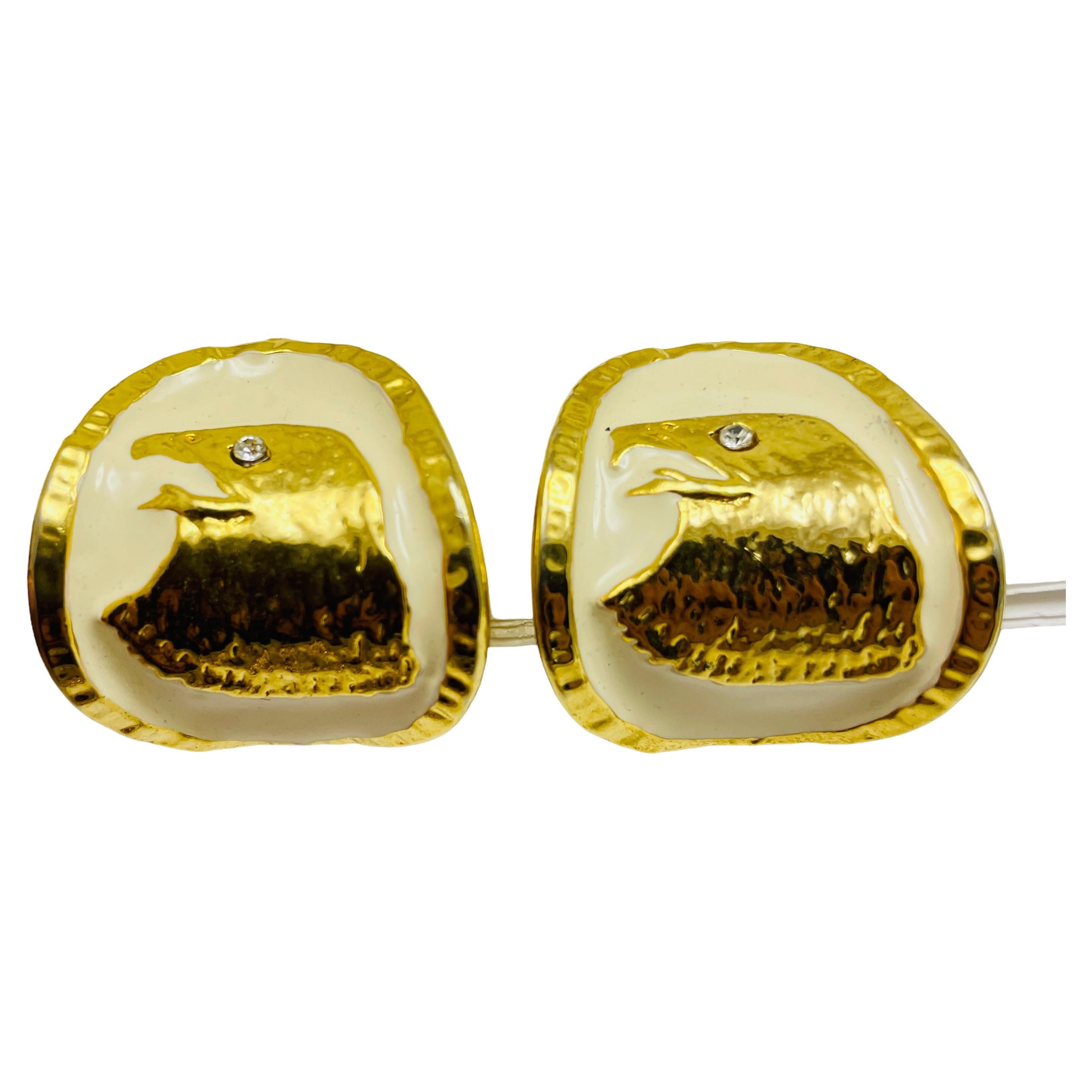 Vintage gold enamel eagle designer runway clip on earrings  For Sale