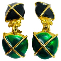 Vintage gold enamel etruscan designer clip on earrings
