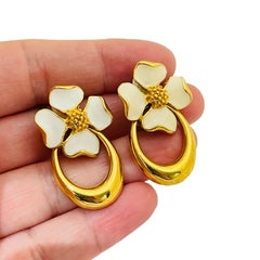 Vintage gold enamel flower designer runway clip on earrings