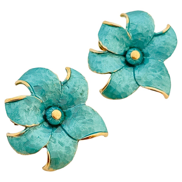 Vintage gold enamel flower designer runway clip on earrings For Sale at