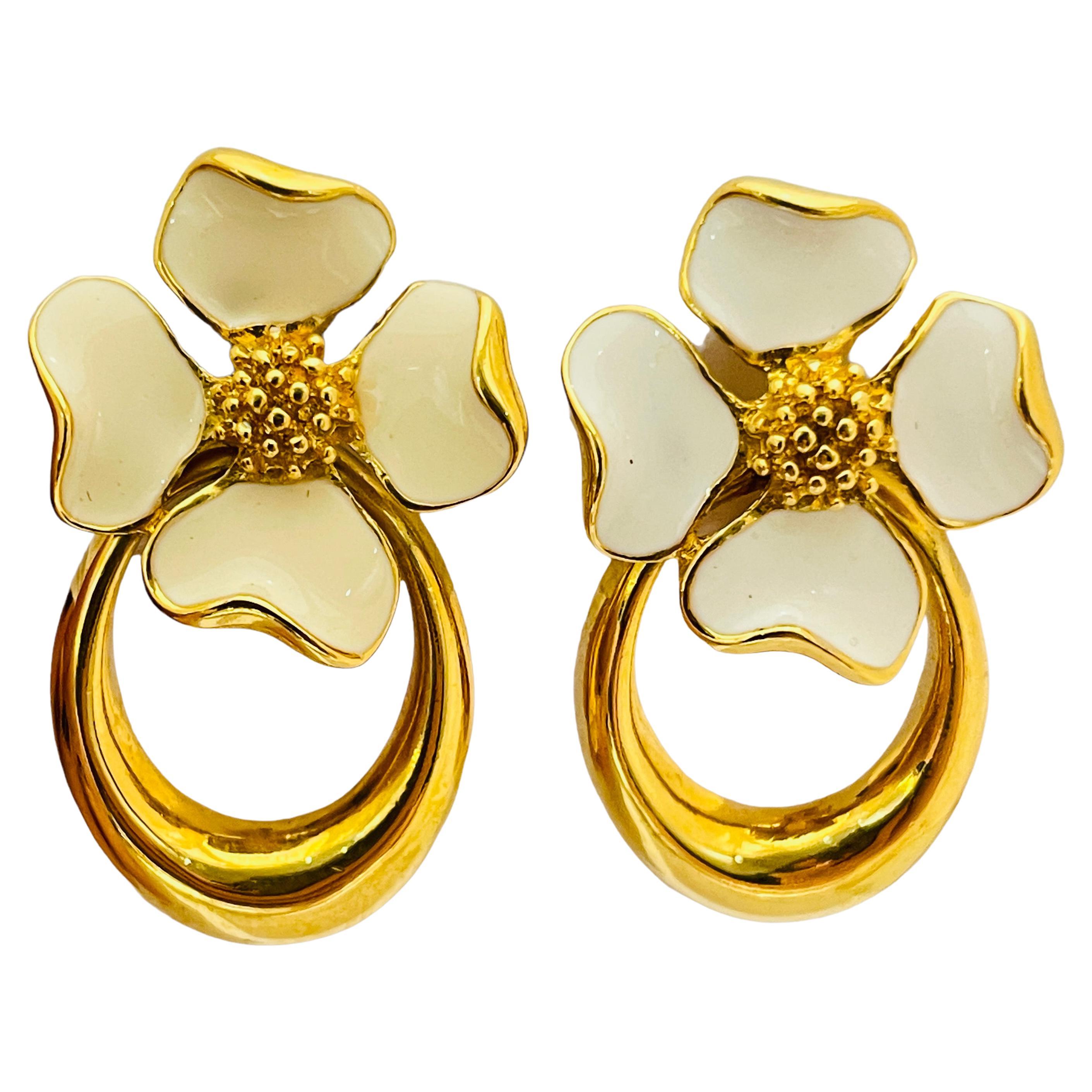 Vintage gold enamel flower designer runway clip on earrings