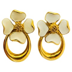 Vintage gold enamel flower designer runway clip on earrings