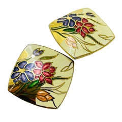 Vintage gold enamel flowers designer clip on earrings