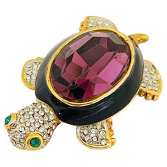 Vintage gold enamel glass amethyst turtle brooch 