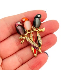 Broche oiseaux en forme delly en verre émaillé doré avec strass vintage