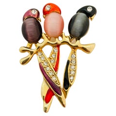 Vintage gold enamel glass rhinestone jelly belly birds brooch