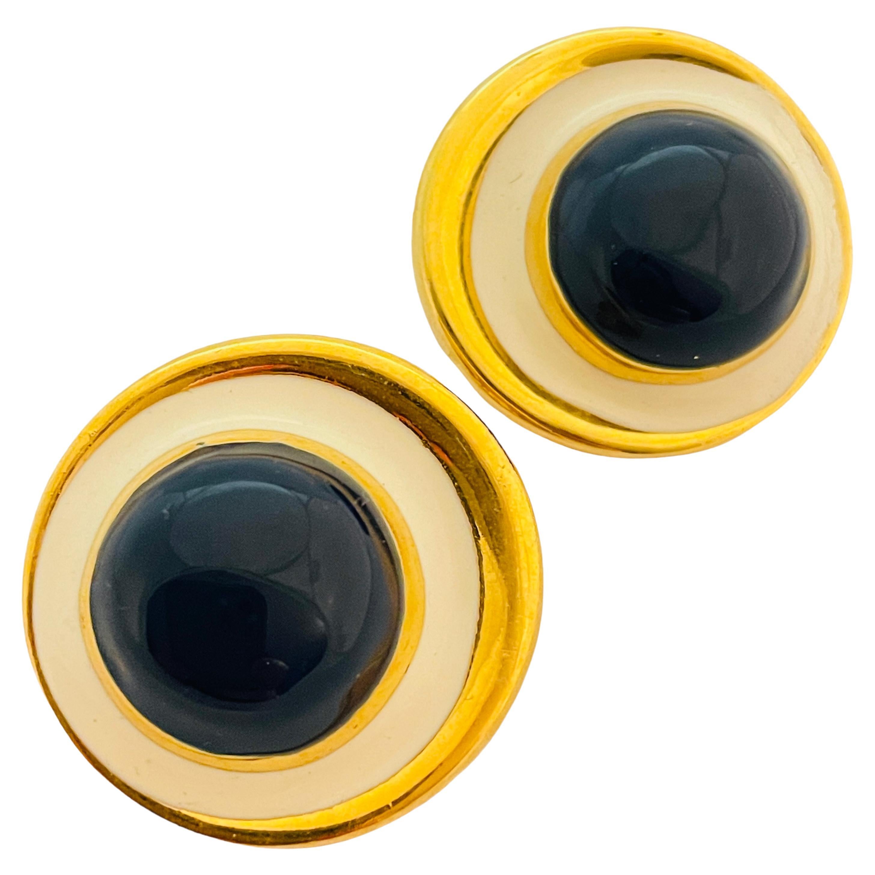 Vintage gold enamel modernist designer runway clip on earrings
