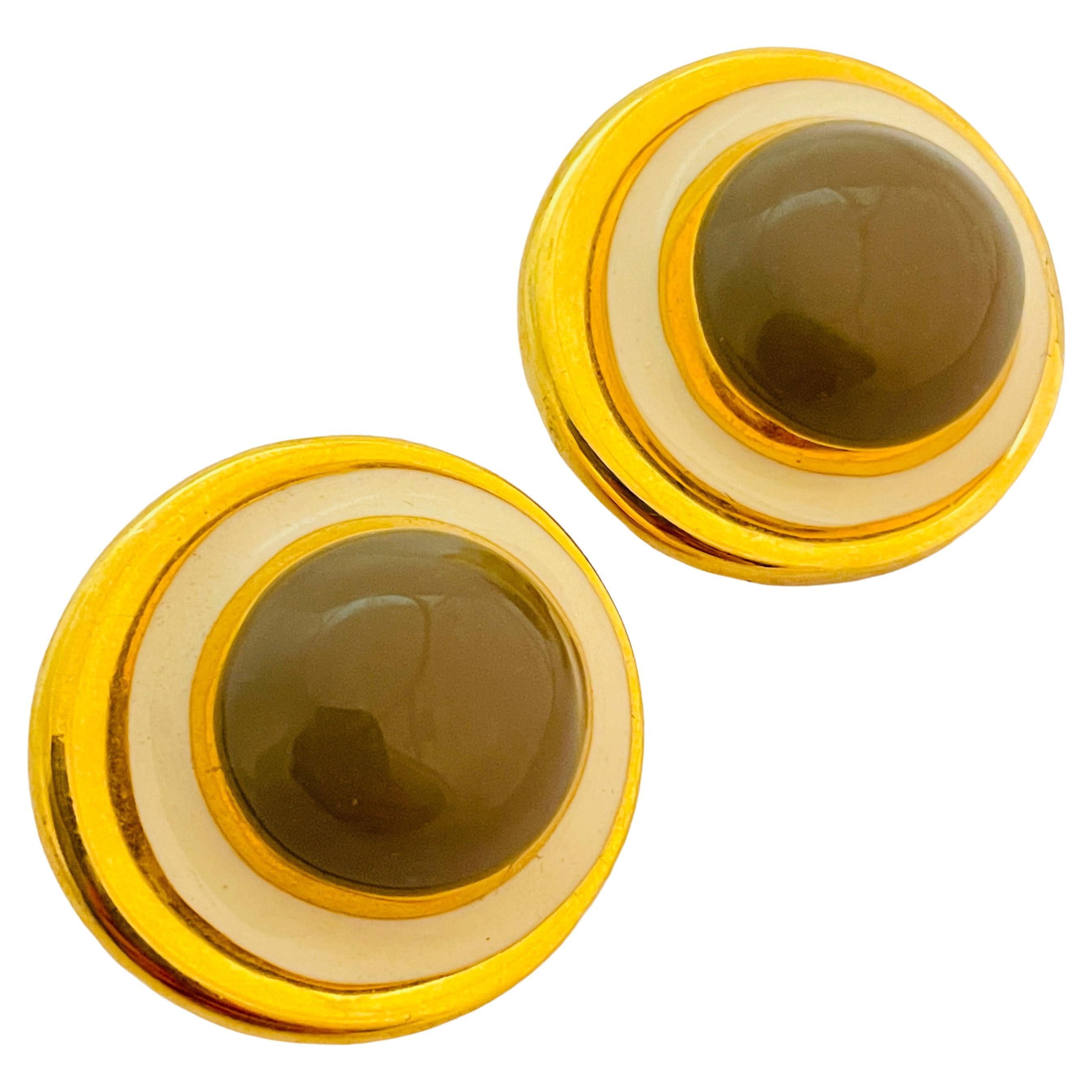 Vintage gold enamel modernist designer runway clip on earrings For Sale