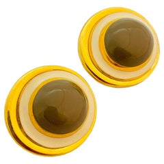 Vintage gold enamel modernist designer runway clip on earrings
