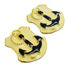 Vintage gold enamel nautical anchor designer runway clip on earrings