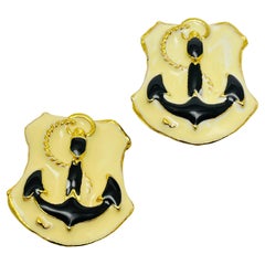 Vintage gold enamel nautical anchor designer runway clip on earrings