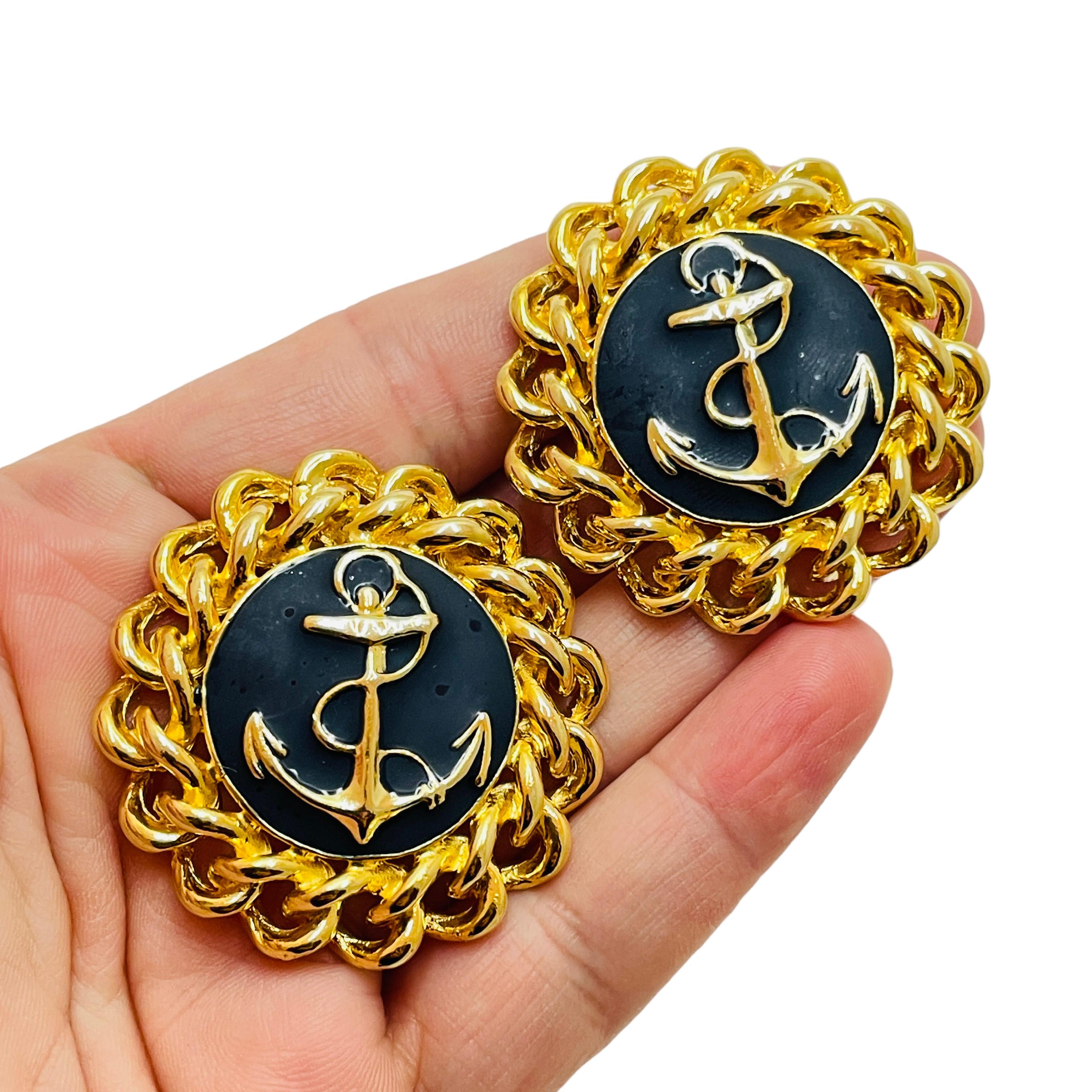 Women's or Men's Vintage gold enamel nautical clip on designer earrings For Sale