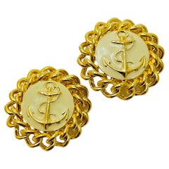 Vintage gold enamel nautical clip on designer earrings
