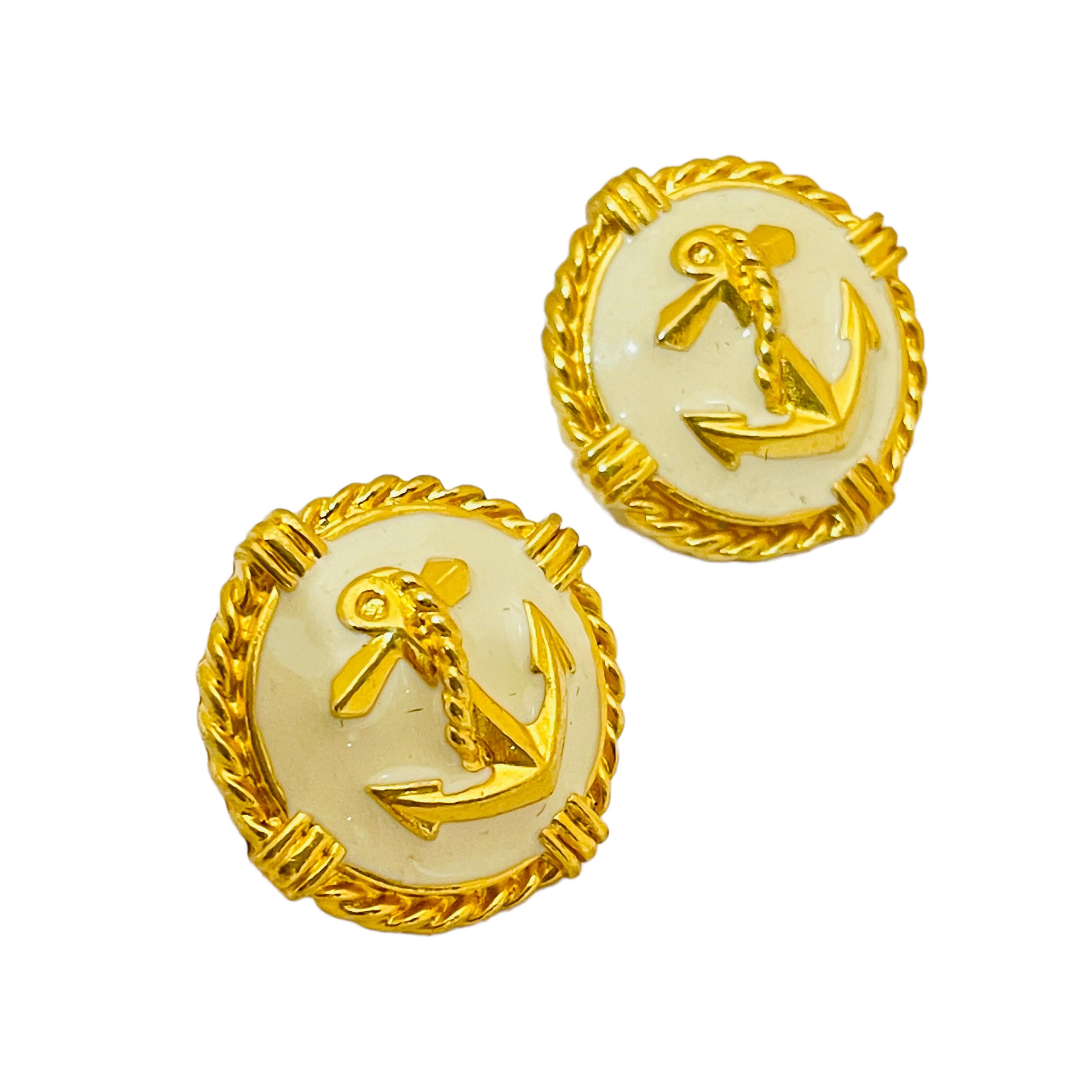 Women's or Men's Vintage gold enamel nautical pierced earrings For Sale