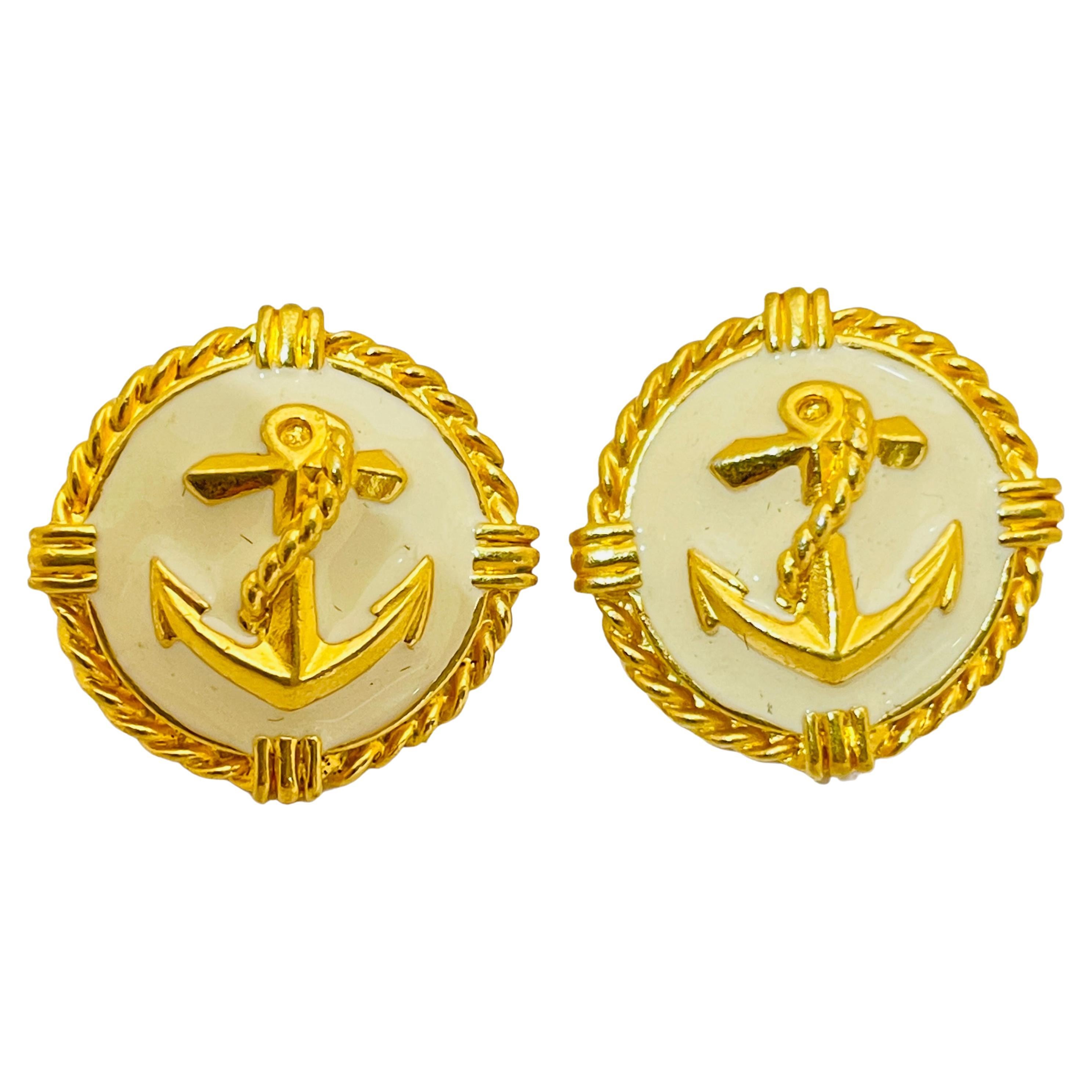 Vintage gold enamel nautical pierced earrings For Sale