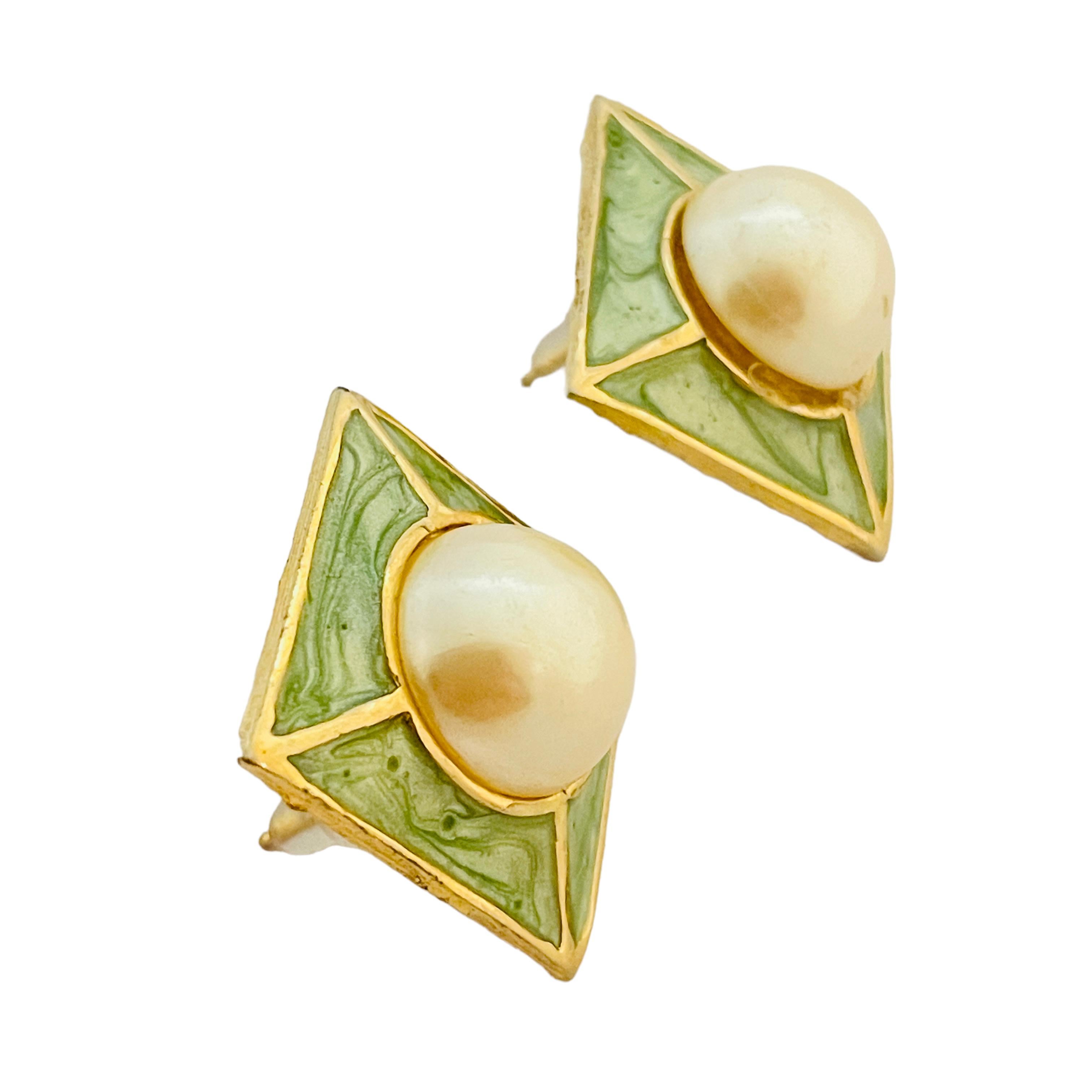 Women's or Men's Vintage gold enamel pearl designer runway pierced earrings For Sale