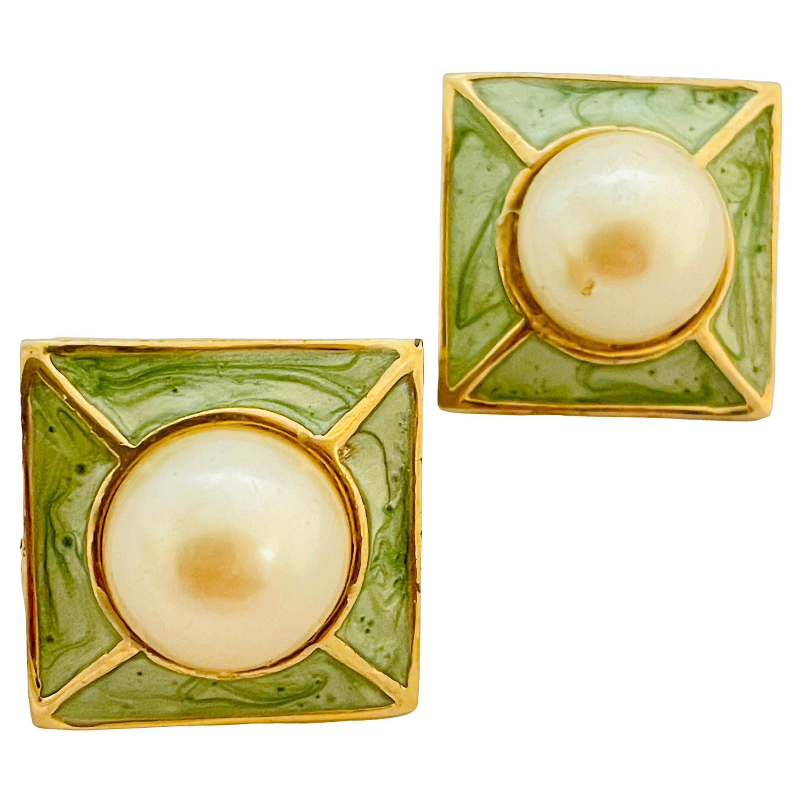 Vintage gold enamel pearl designer runway pierced earrings For Sale