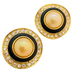 Vintage gold enamel pearl rhinestone designer runway clip on earrings