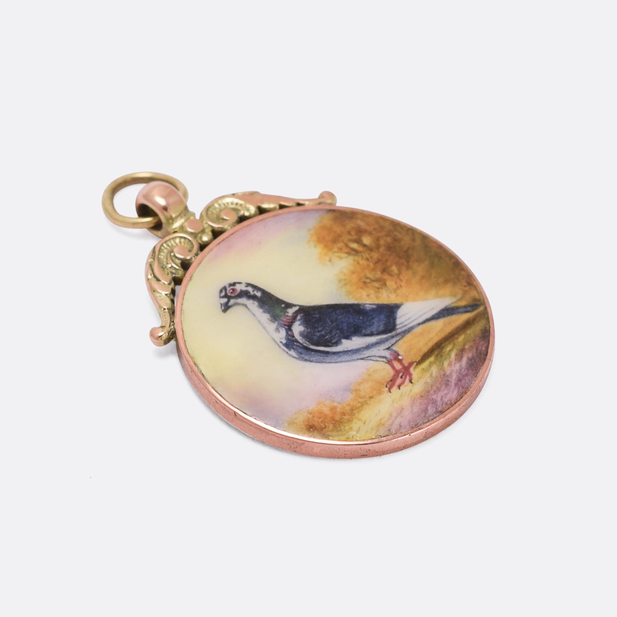 A weird and wonderful antique medal/pendant dating from the 1920s. The front features an enamel portrait of a fine racing pigeon, with engraving to the back that reads: “B.S.D.F.C. M Bourn CM” which relates to the Birmingham South District Flying