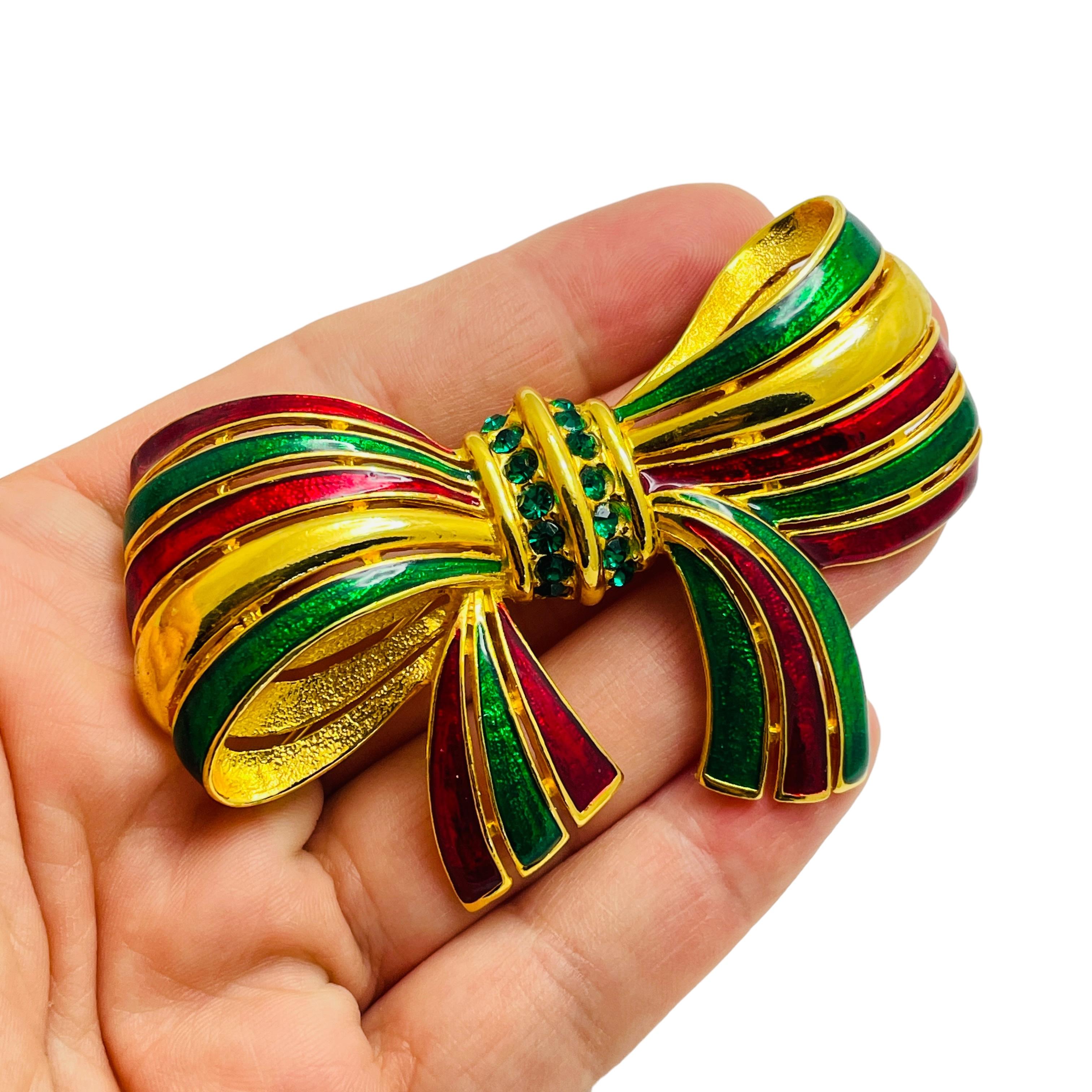 Women's Vintage gold enamel rhinestone bow designer runway brooch For Sale