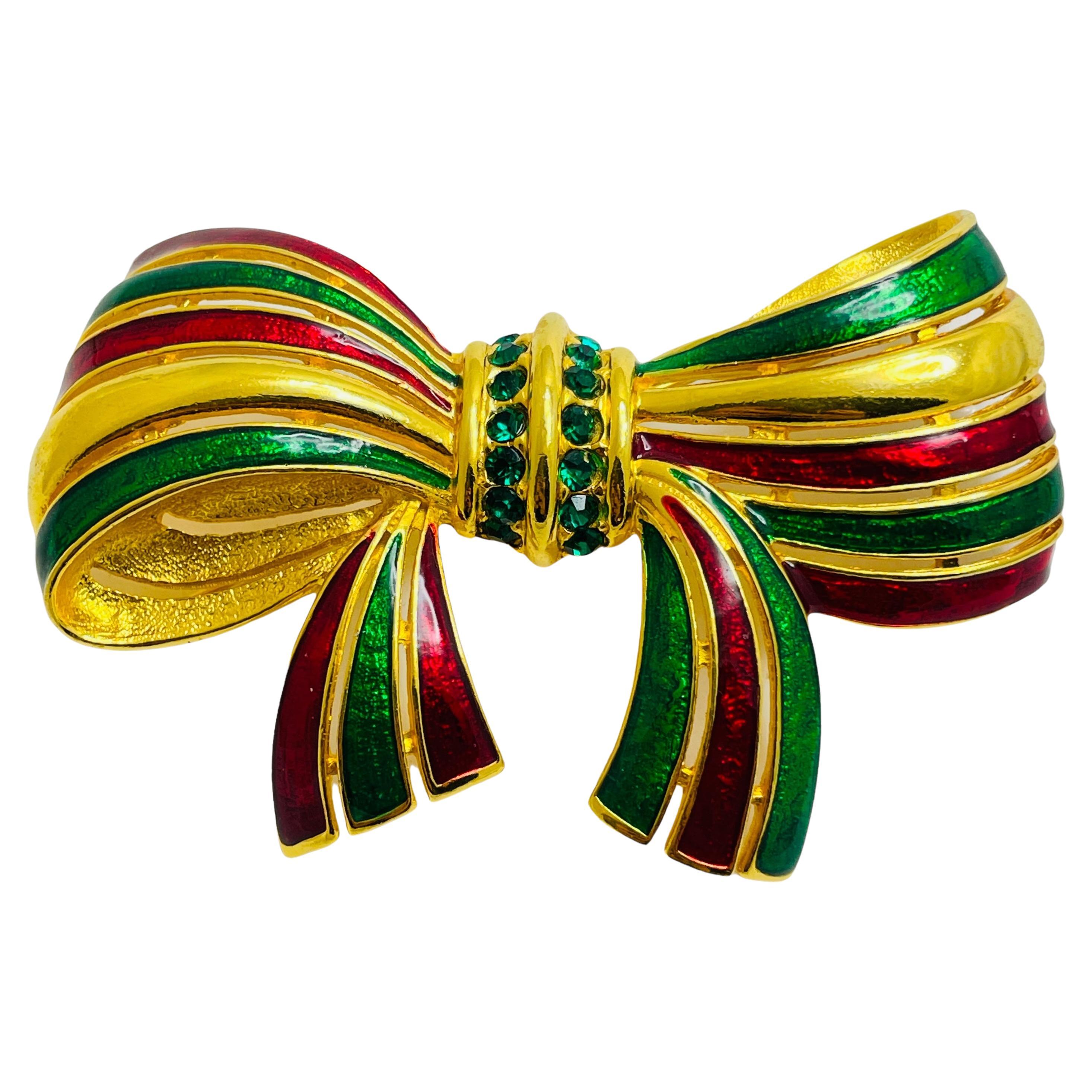 Vintage gold enamel rhinestone bow designer runway brooch For Sale