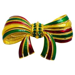 Vintage gold enamel rhinestone bow designer runway brooch