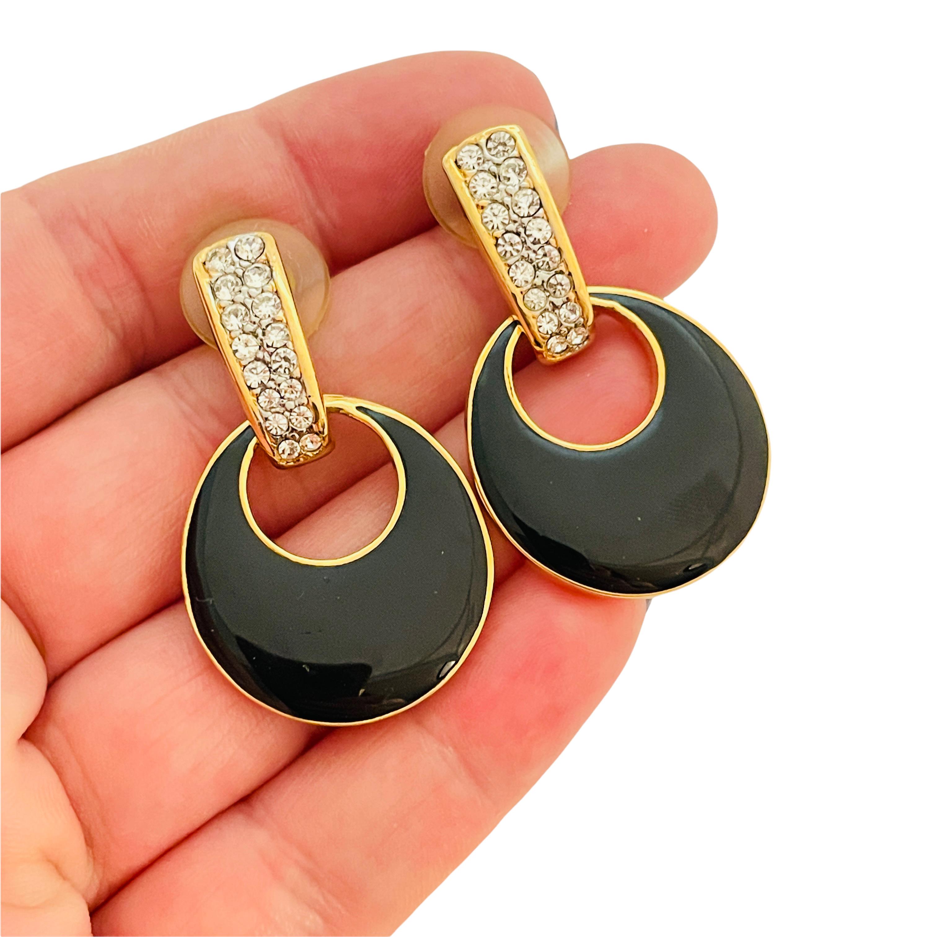 Women's Vintage gold enamel rhinestone dangle designer runway earrings For Sale