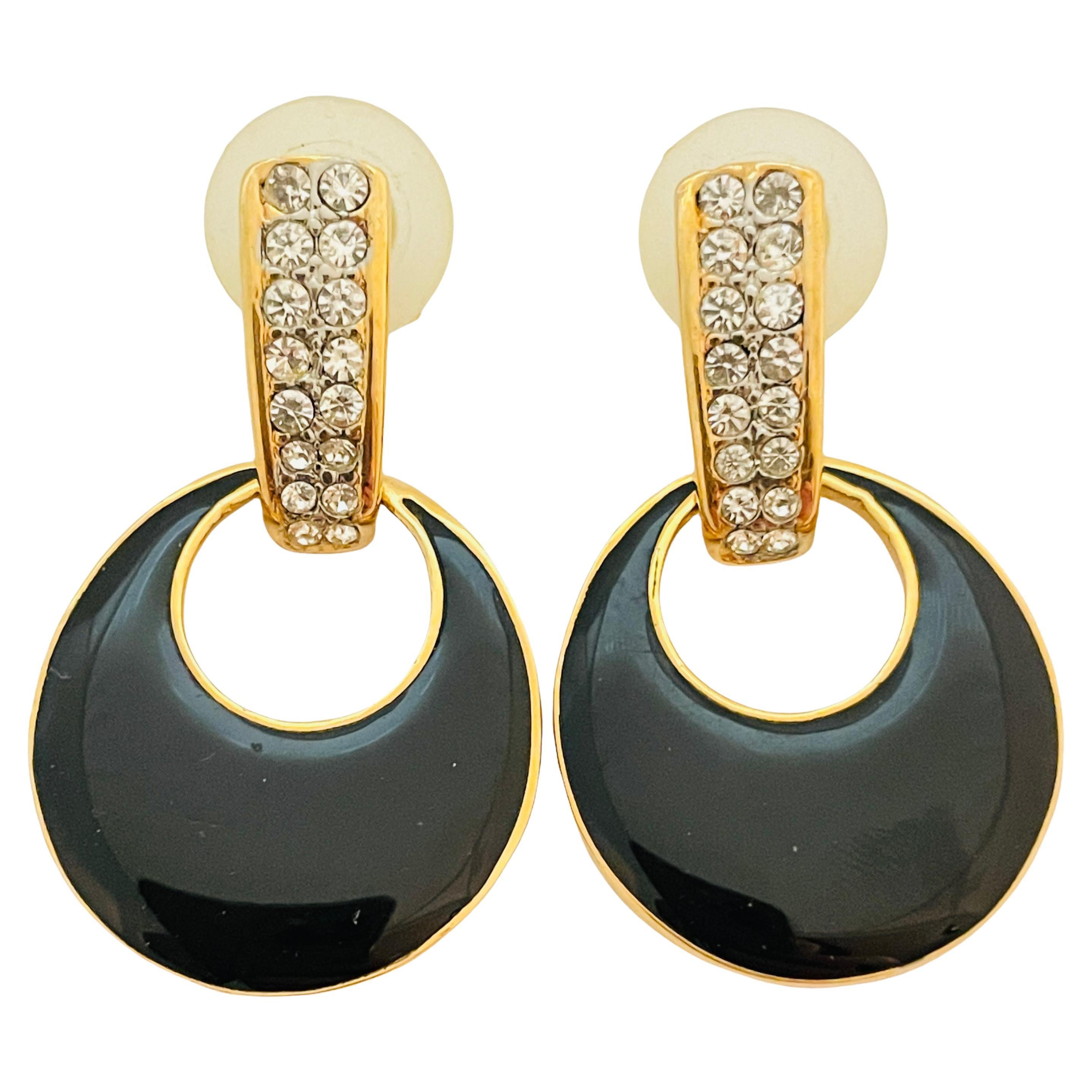 Vintage gold enamel rhinestone dangle designer runway earrings For Sale