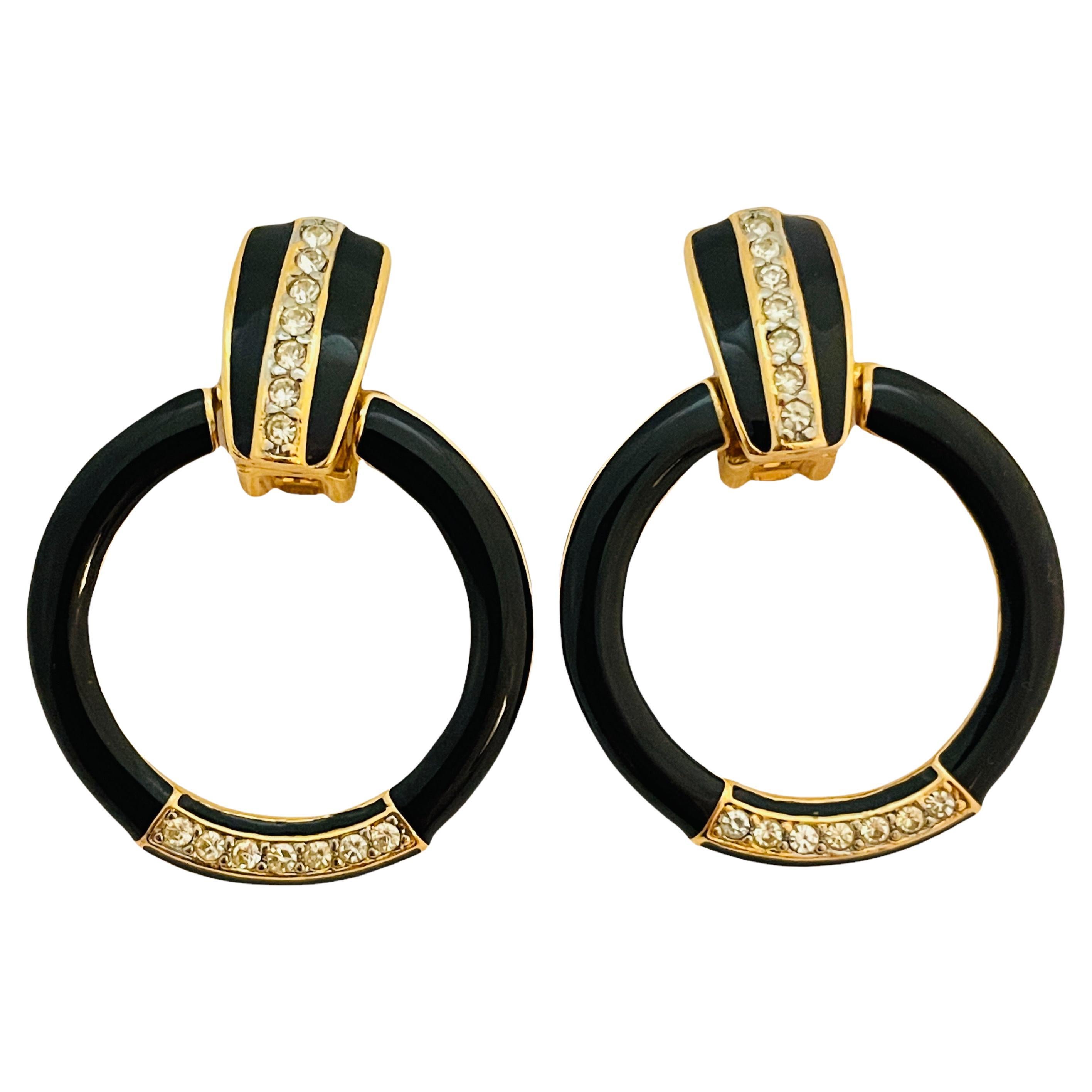 Vintage gold enamel rhinestone dangle designer runway earrings For Sale