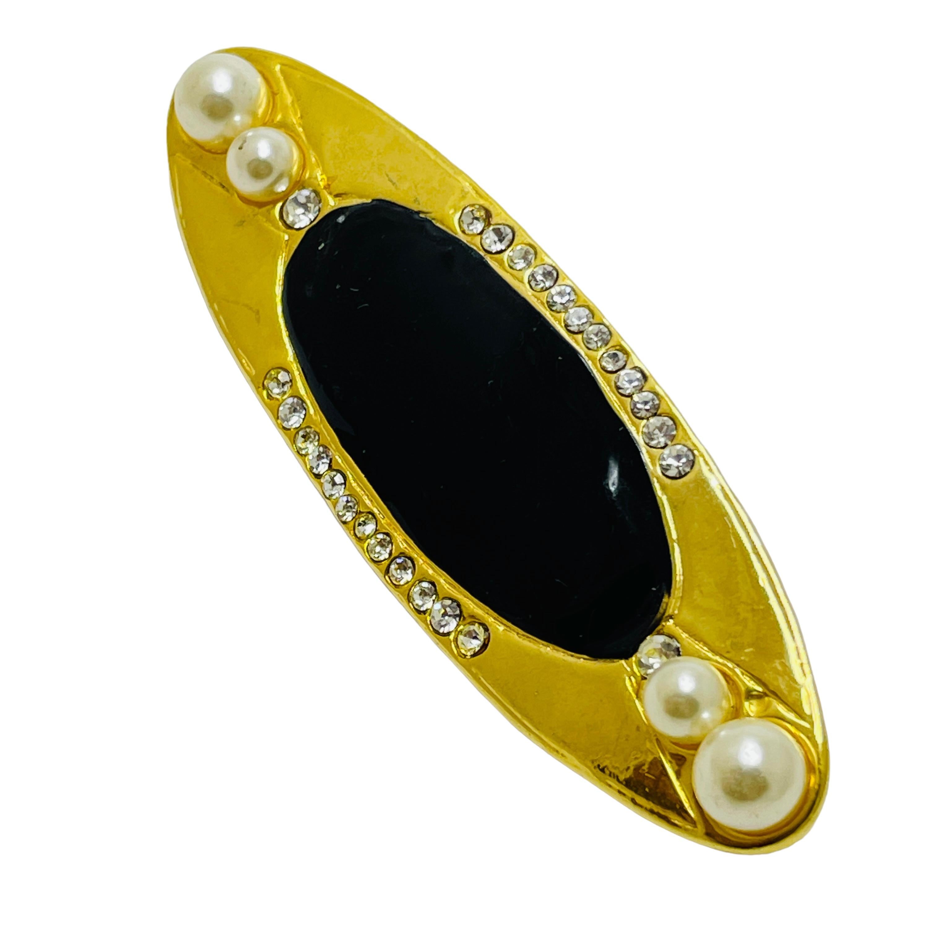 Women's or Men's Vintage gold enamel rhinestone designer brooch For Sale